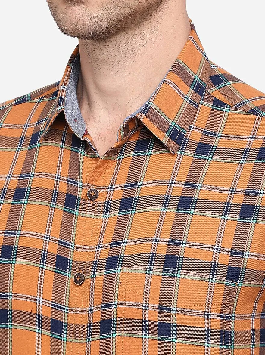 Goldenrod Orange Checked Slim Fit Casual Shirt | Greenfibre