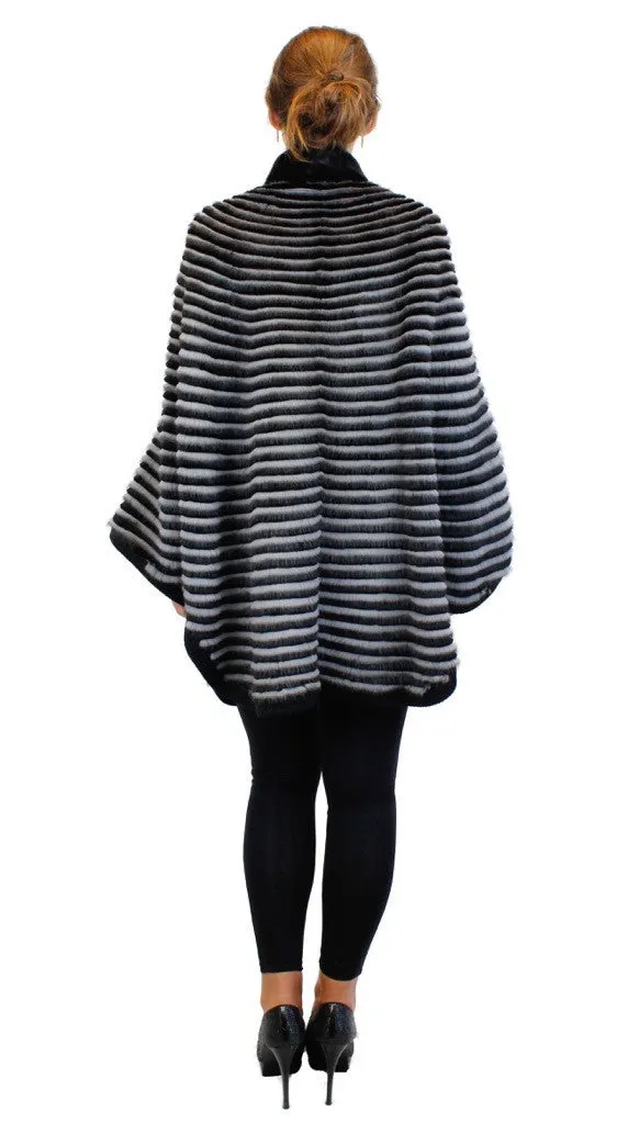 GRAY & BLACK HORIZONTAL STRIPED MINK FUR & WOOL PONCHO SWEATER