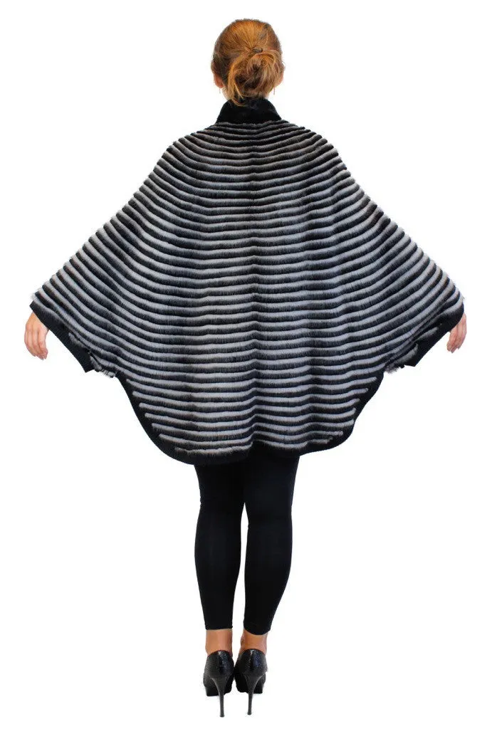 GRAY & BLACK HORIZONTAL STRIPED MINK FUR & WOOL PONCHO SWEATER