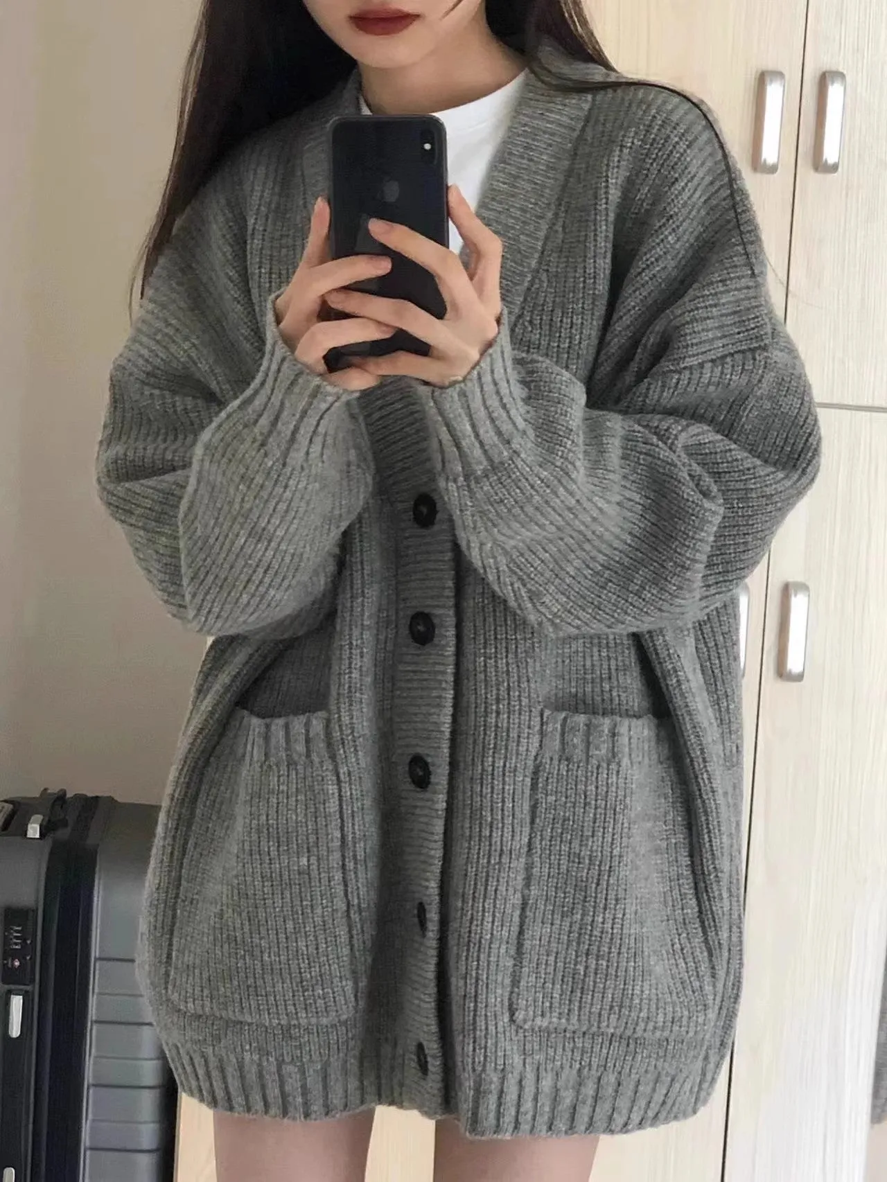 gray knitted sweater coat cardigan women's top     S3394