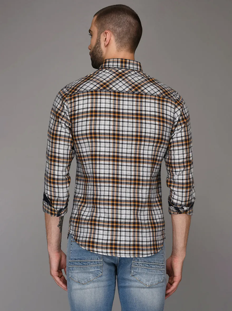 Greenfibre Light Grey & Brown Checked Slim Fit Casual Shirt