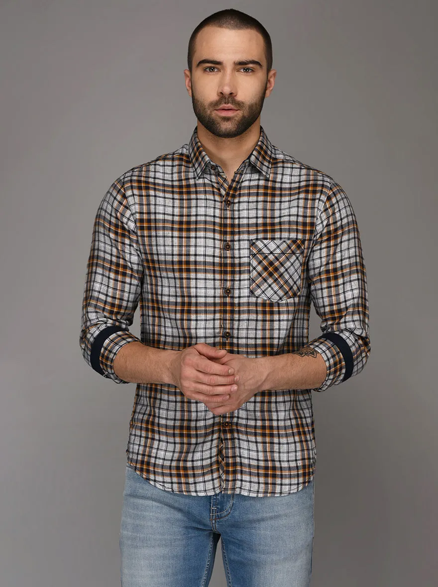 Greenfibre Light Grey & Brown Checked Slim Fit Casual Shirt