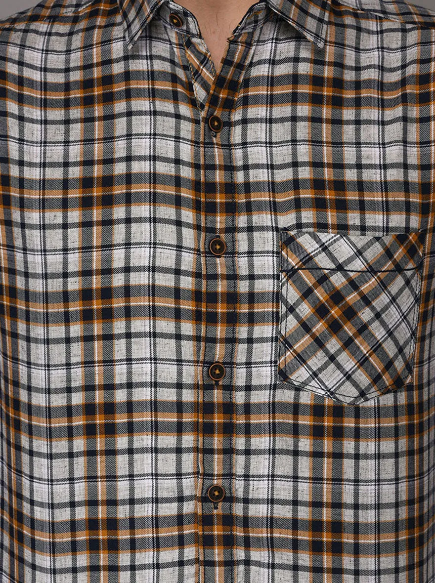 Greenfibre Light Grey & Brown Checked Slim Fit Casual Shirt