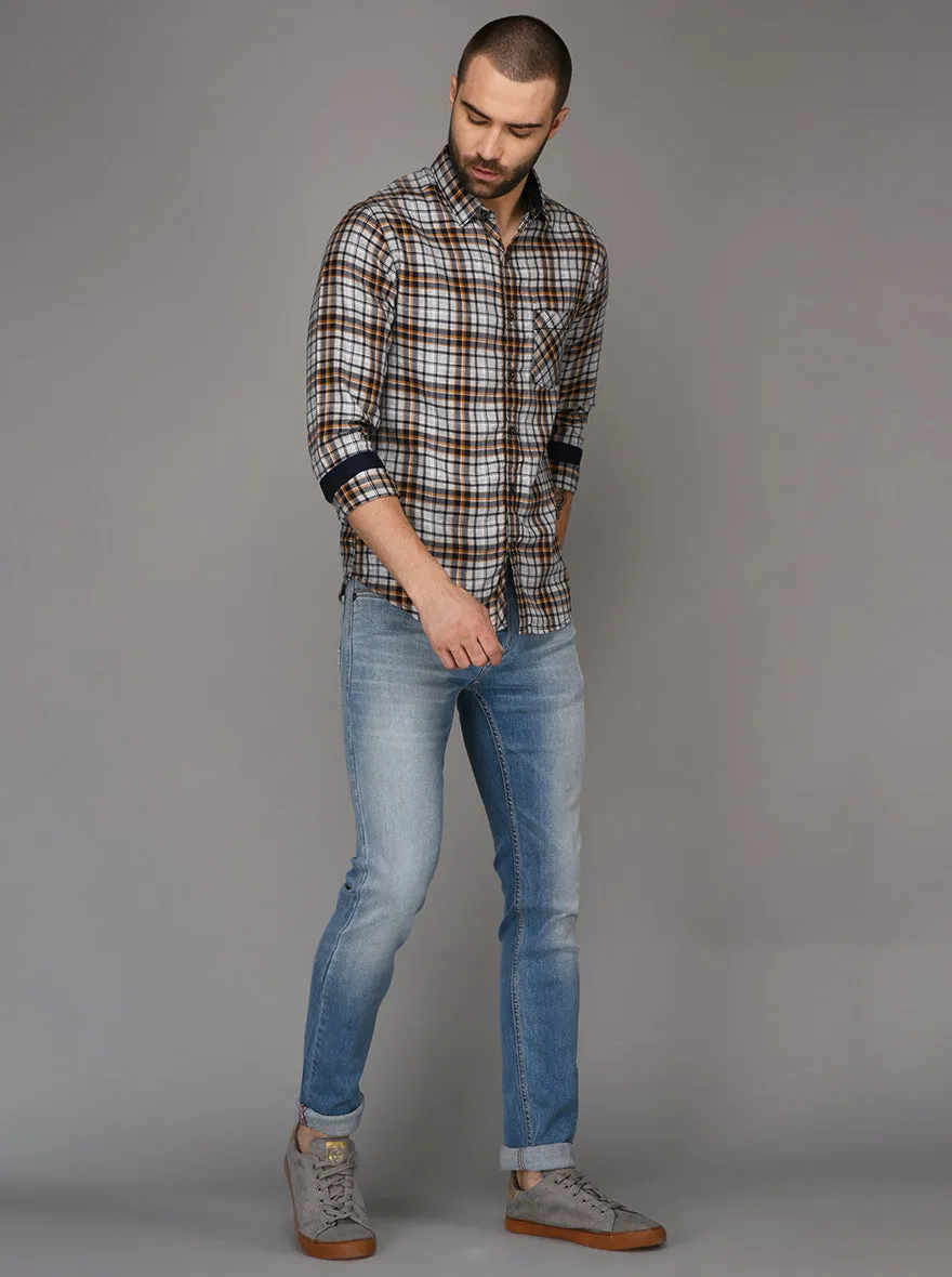 Greenfibre Light Grey & Brown Checked Slim Fit Casual Shirt