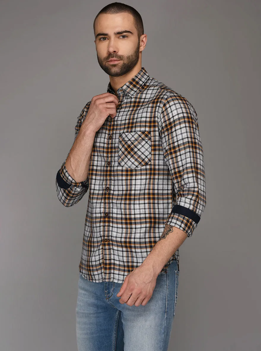 Greenfibre Light Grey & Brown Checked Slim Fit Casual Shirt