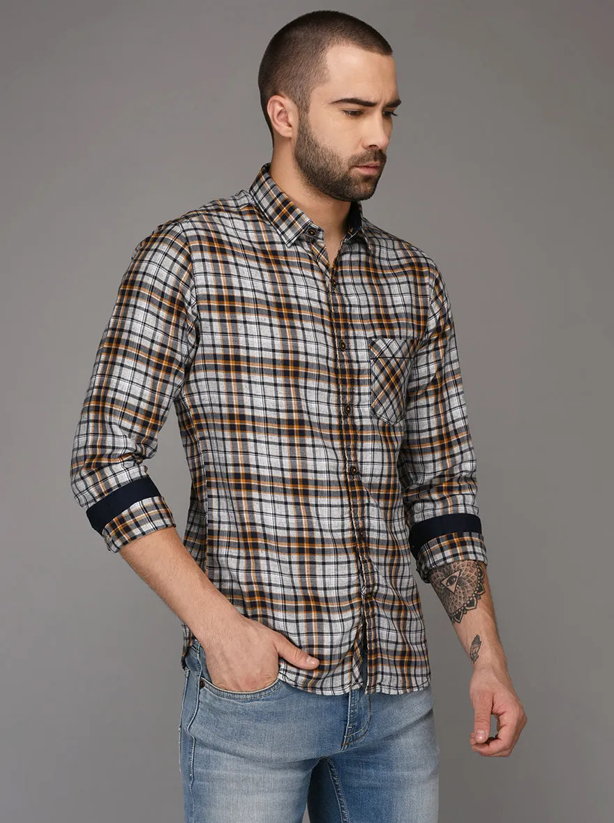 Greenfibre Light Grey & Brown Checked Slim Fit Casual Shirt