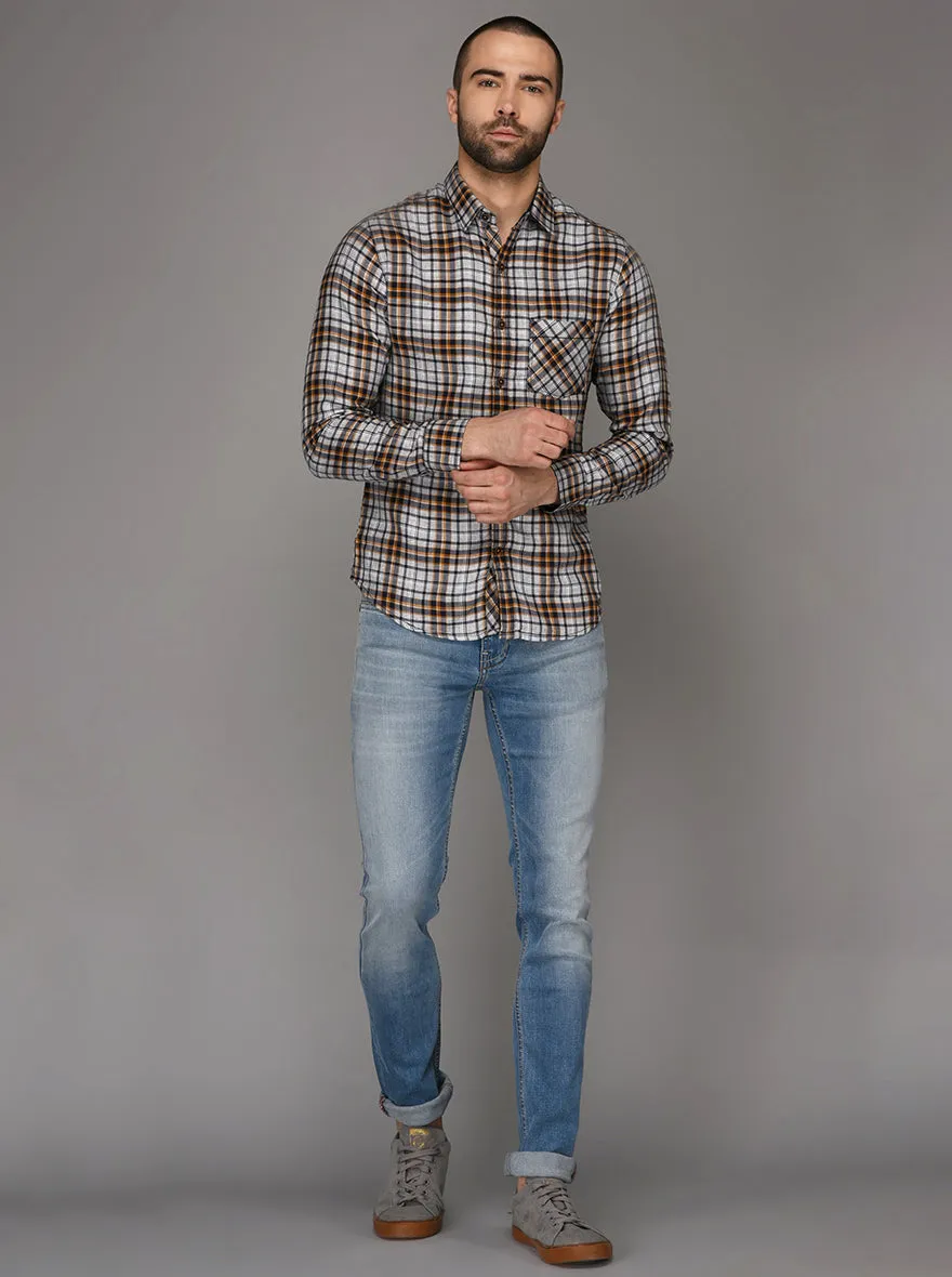 Greenfibre Light Grey & Brown Checked Slim Fit Casual Shirt