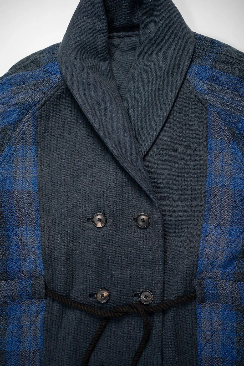 Indi   Ash Reversible Shawl Overcoat - Iron/Indigo Handwoven Denim/Plaid