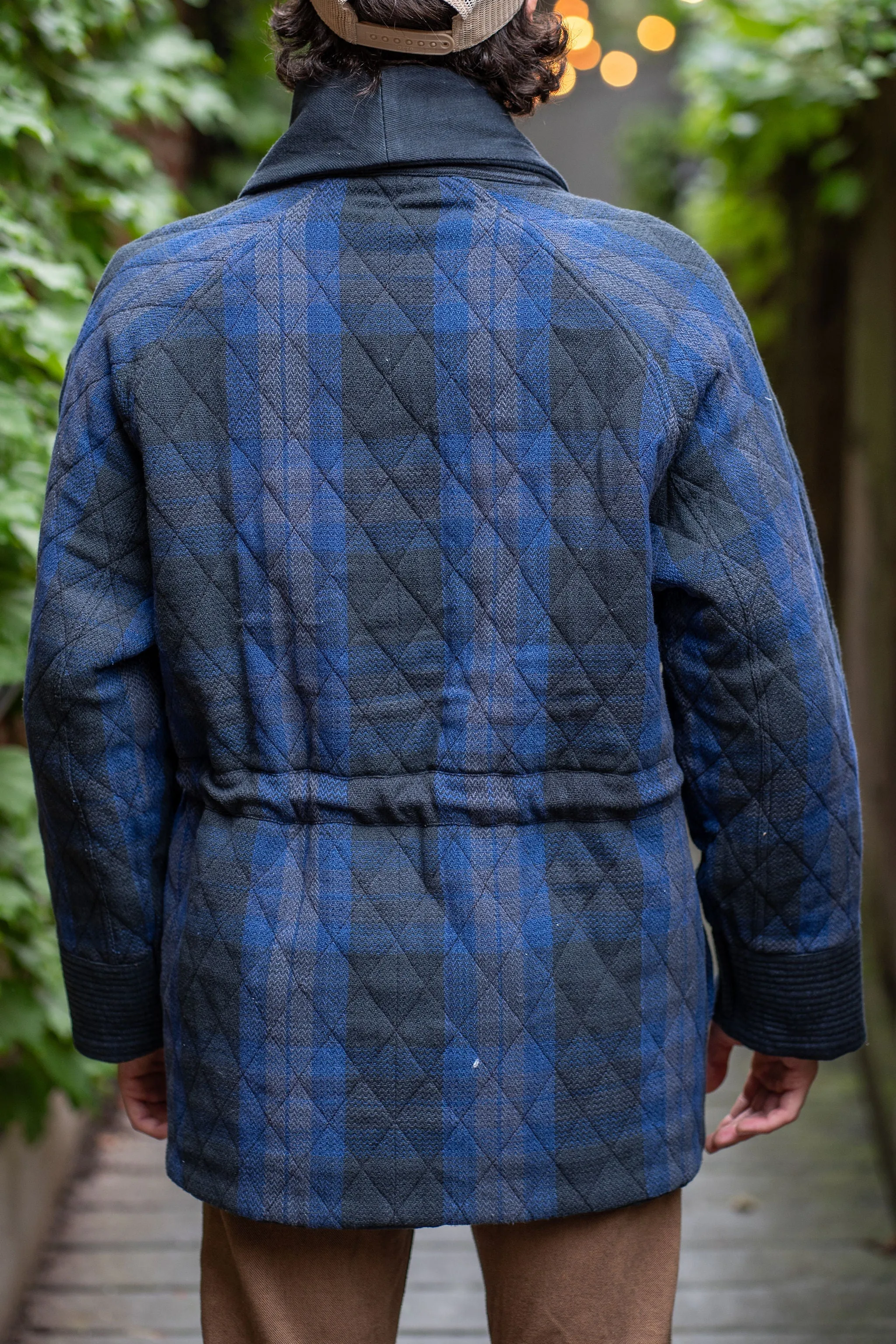 Indi   Ash Reversible Shawl Overcoat - Iron/Indigo Handwoven Denim/Plaid