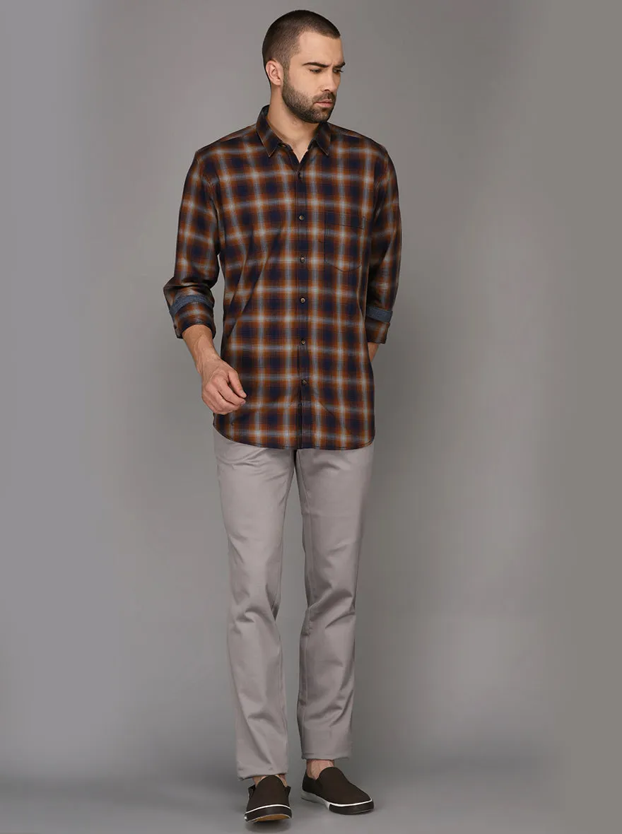 JadeBlue Brown Checked Slim Fit Casual Shirt | JadeBlue