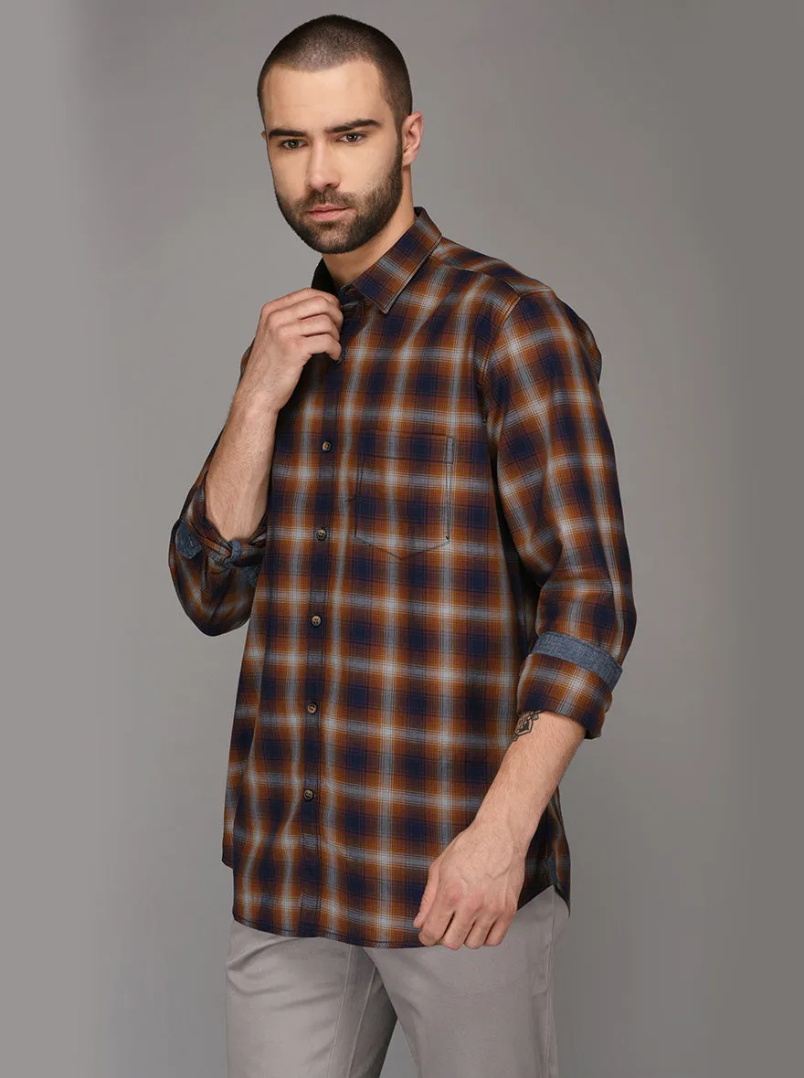 JadeBlue Brown Checked Slim Fit Casual Shirt | JadeBlue