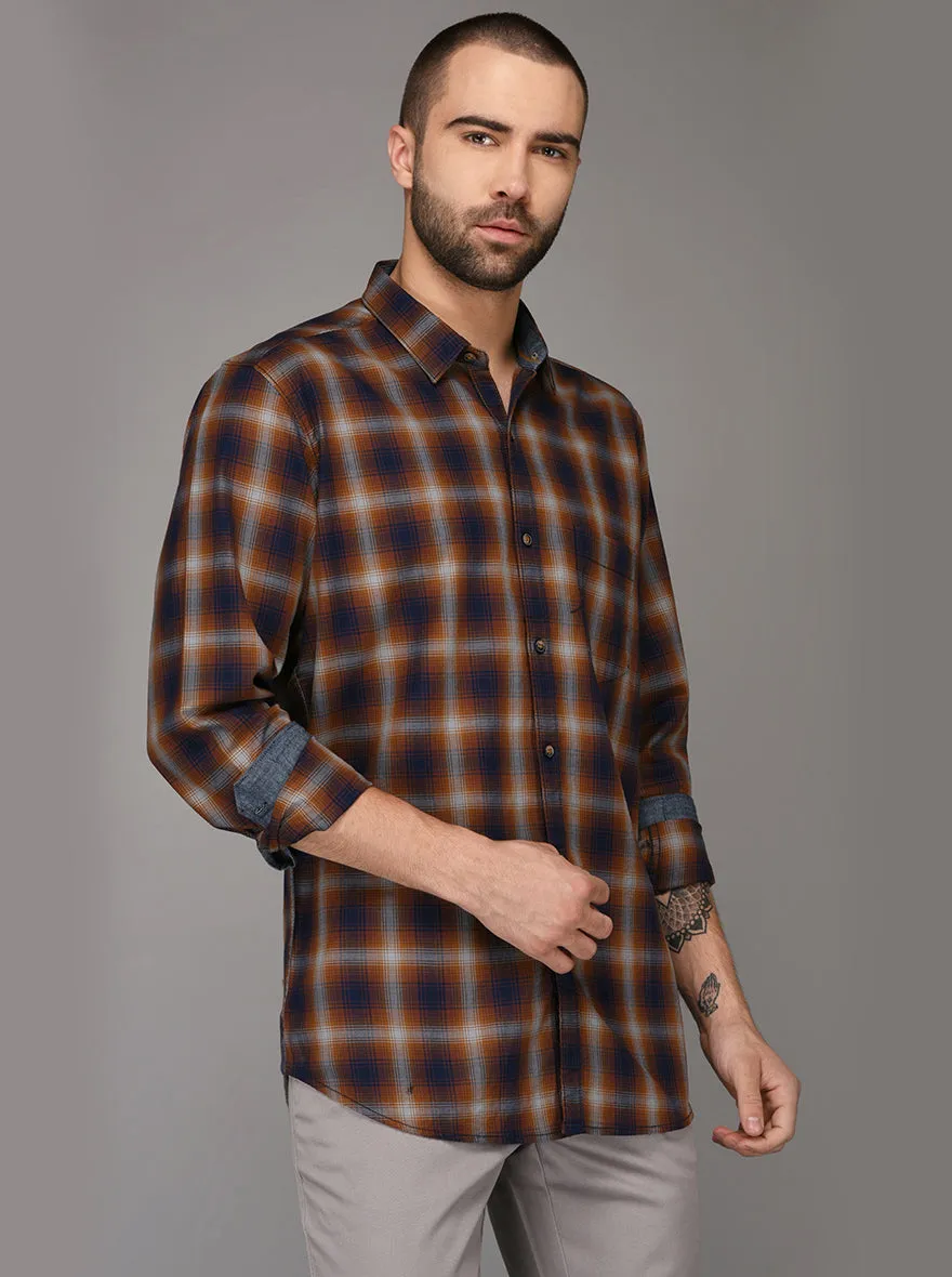 JadeBlue Brown Checked Slim Fit Casual Shirt | JadeBlue