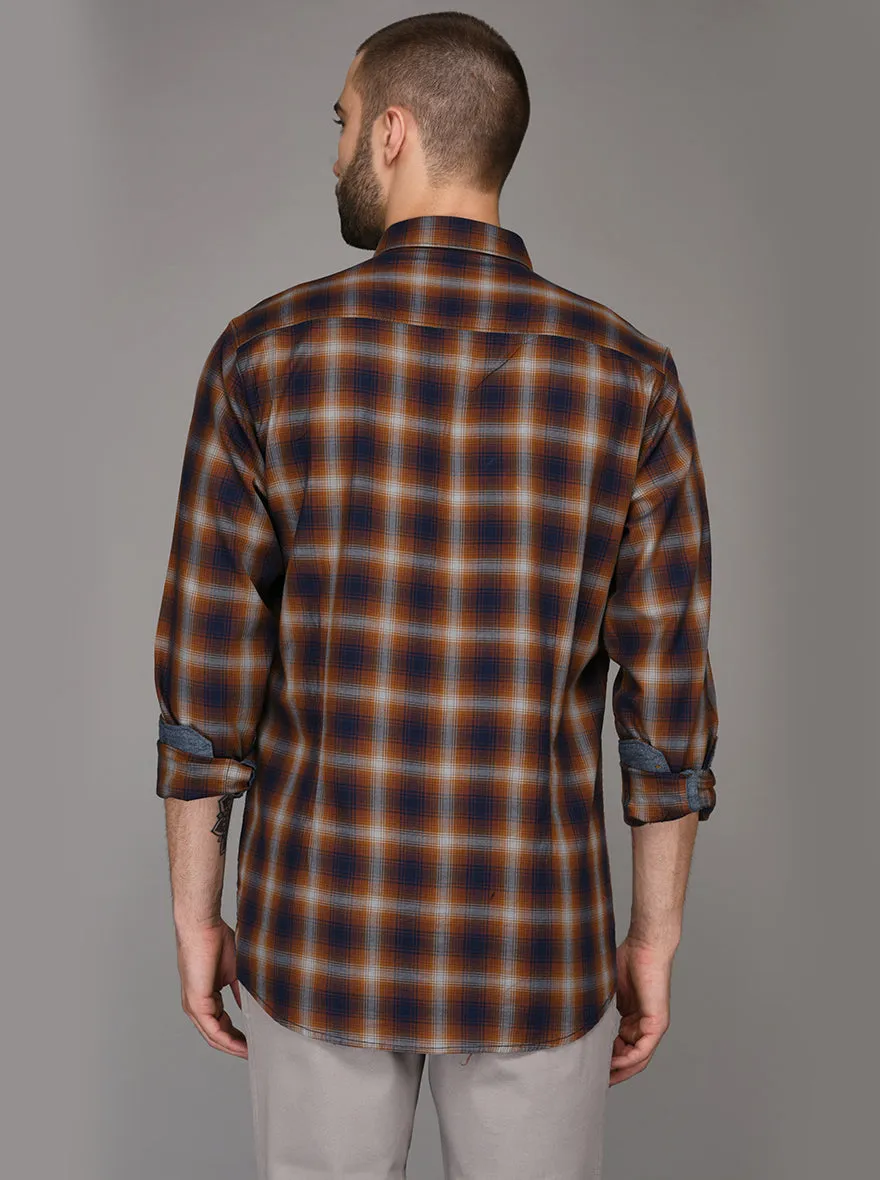 JadeBlue Brown Checked Slim Fit Casual Shirt | JadeBlue