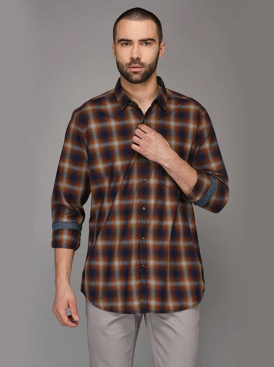 JadeBlue Brown Checked Slim Fit Casual Shirt | JadeBlue