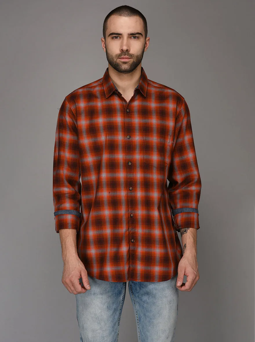 JadeBlue Orange Checked Slim Fit Casual Shirt | JadeBlue