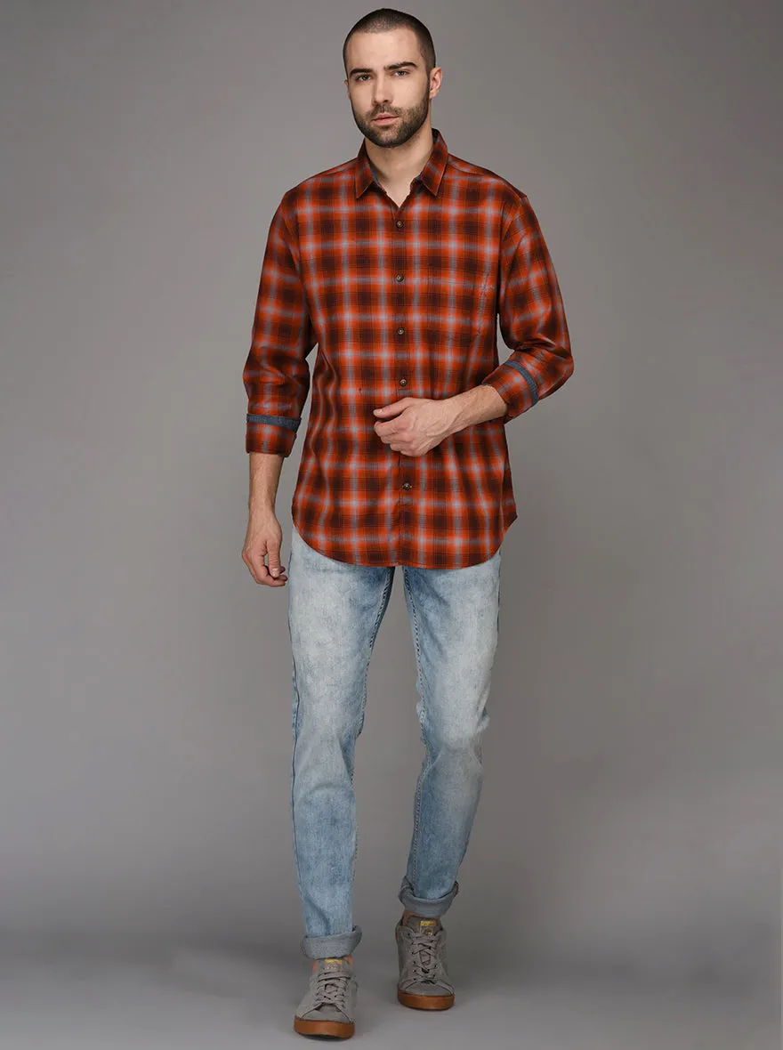 JadeBlue Orange Checked Slim Fit Casual Shirt | JadeBlue