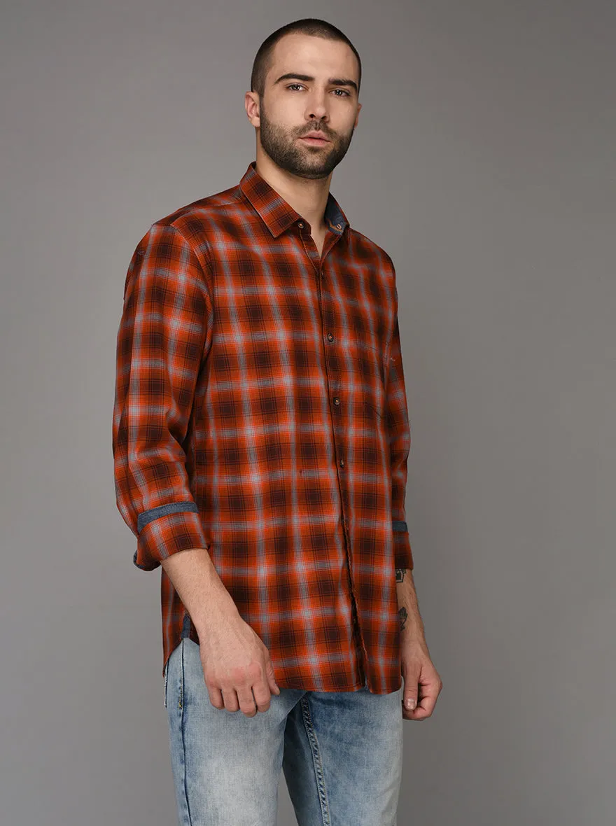 JadeBlue Orange Checked Slim Fit Casual Shirt | JadeBlue