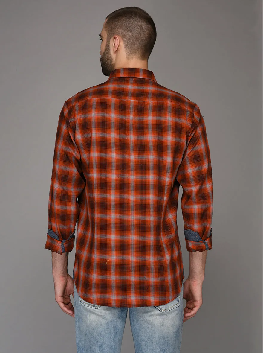 JadeBlue Orange Checked Slim Fit Casual Shirt | JadeBlue