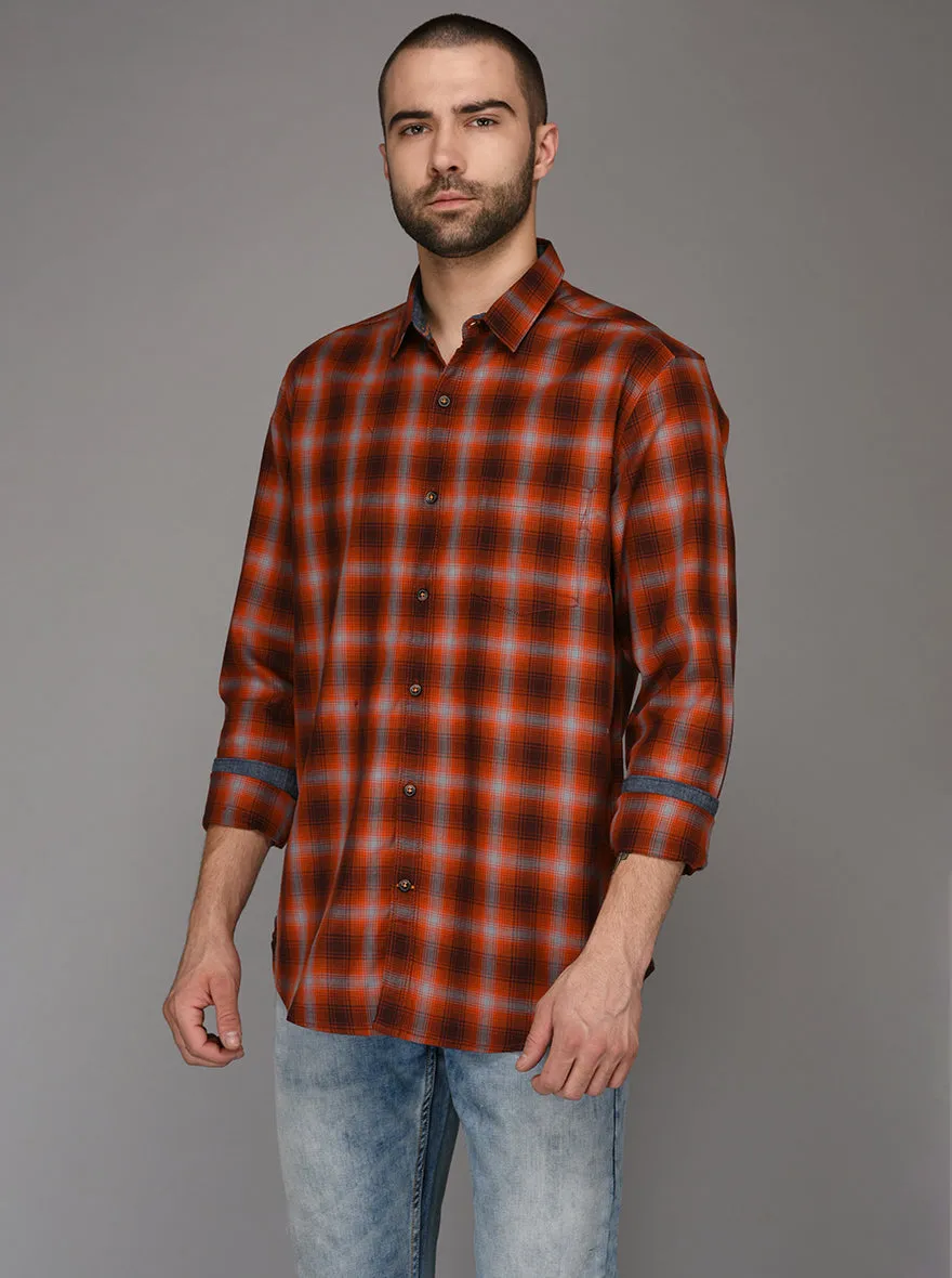 JadeBlue Orange Checked Slim Fit Casual Shirt | JadeBlue