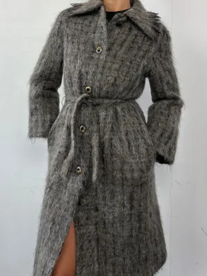 Jaeger Wool Fuzzy Check Single Breasted Belted Coat - S