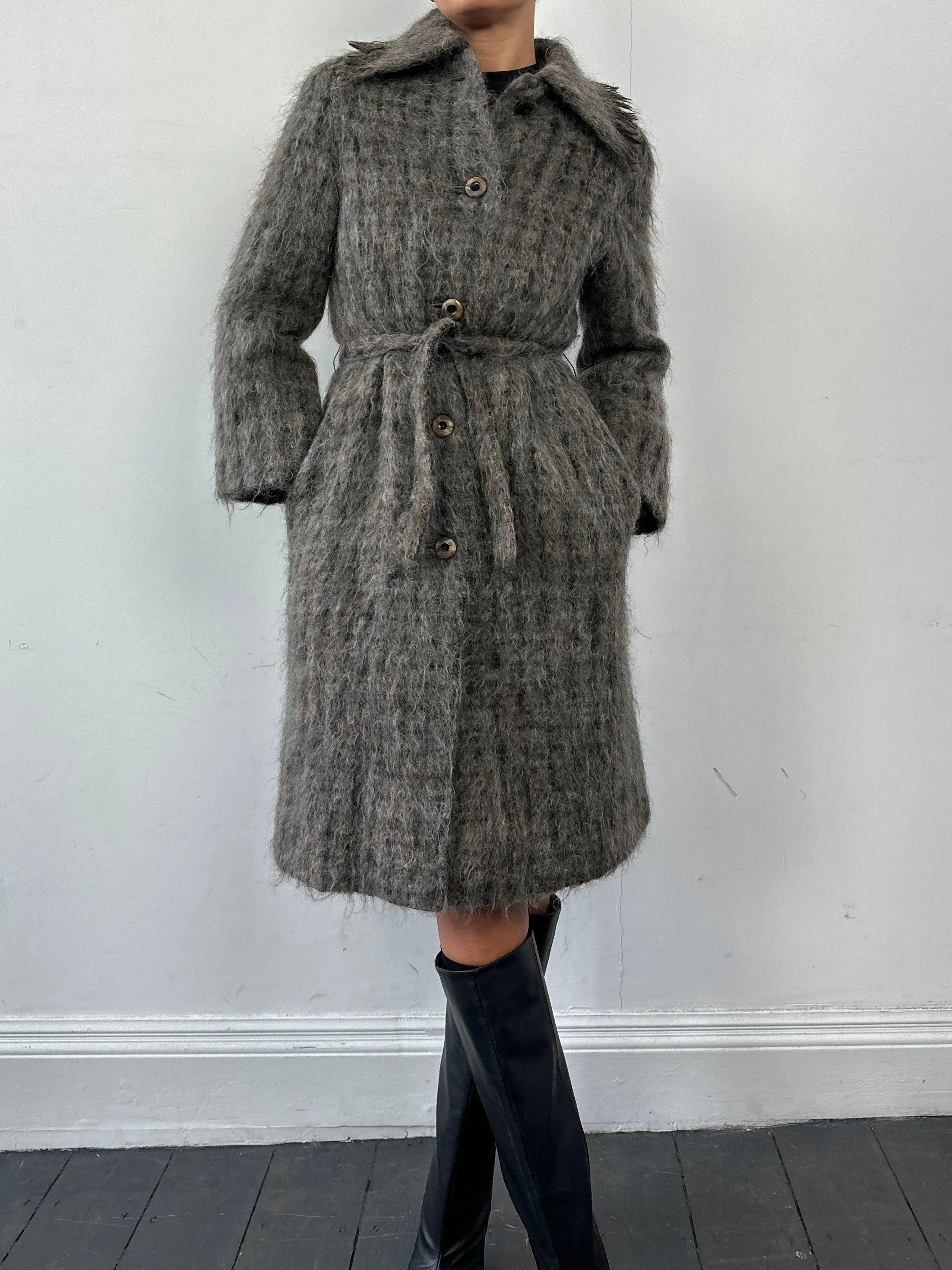 Jaeger Wool Fuzzy Check Single Breasted Belted Coat - S