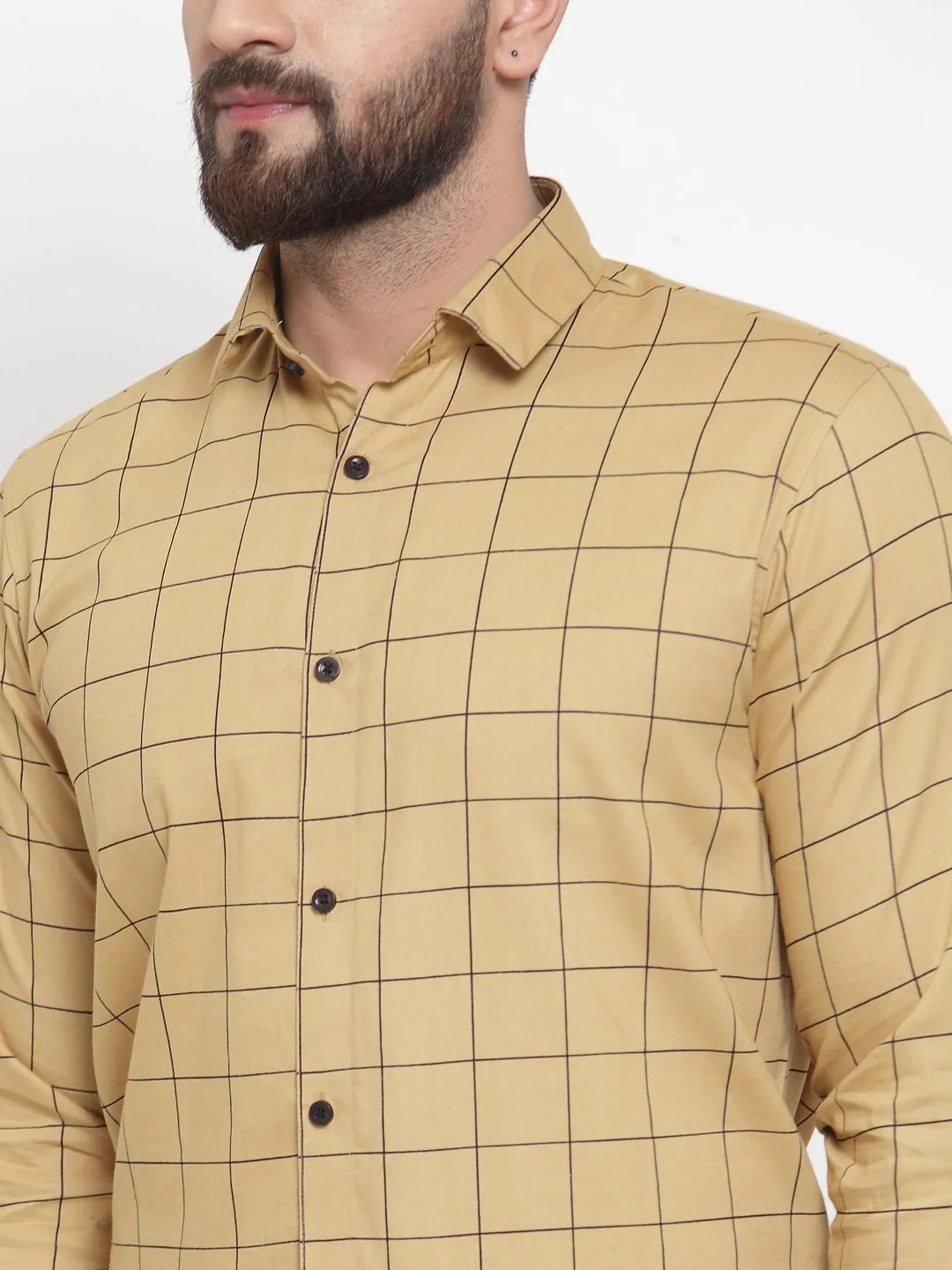 Jashvi Beige Men's Cotton Checked Formal Shirts