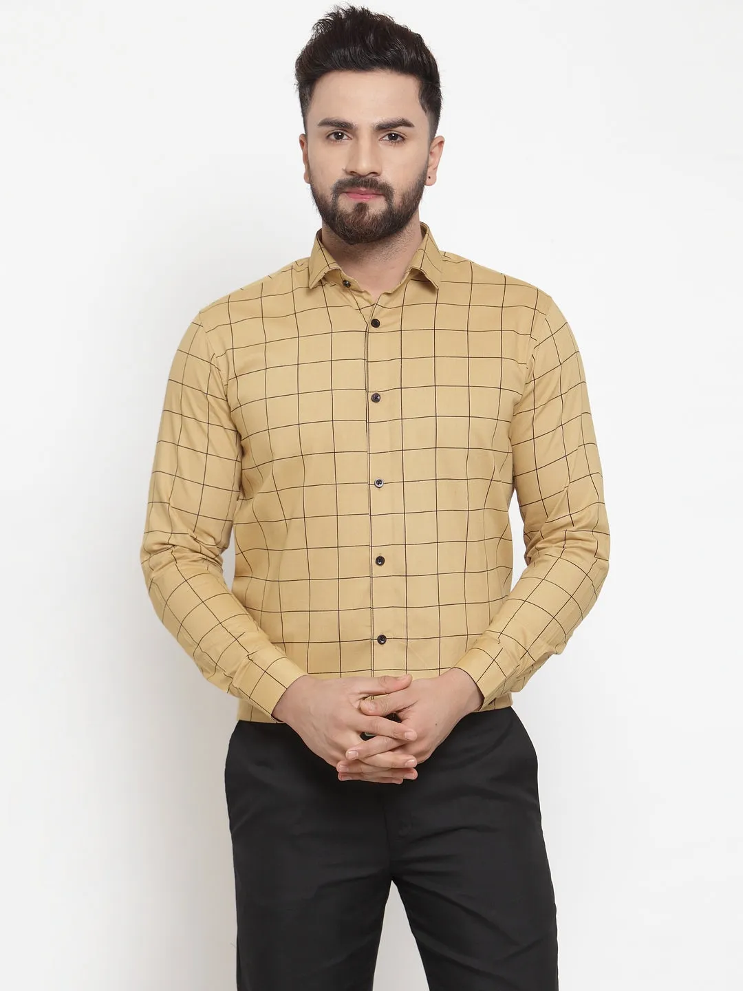 Jashvi Beige Men's Cotton Checked Formal Shirts