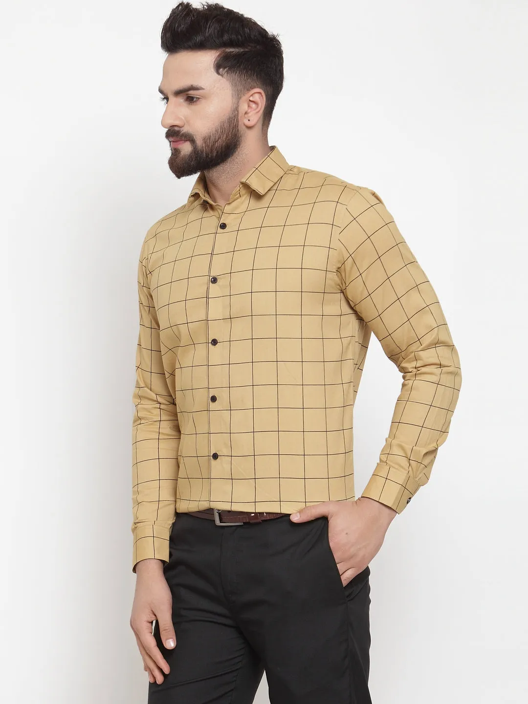 Jashvi Beige Men's Cotton Checked Formal Shirts