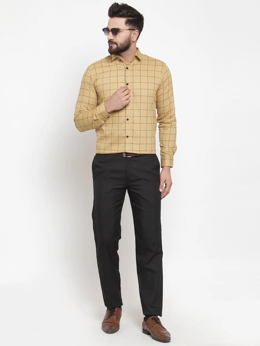 Jashvi Beige Men's Cotton Checked Formal Shirts