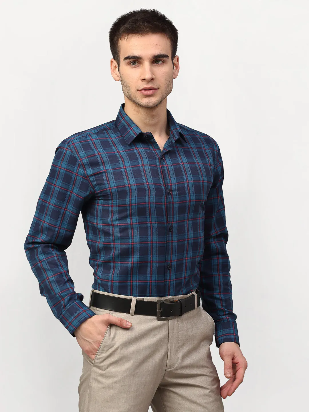 Jashvi Blue Men's Checked Formal Shirts