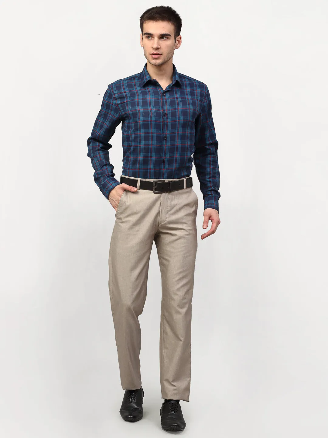 Jashvi Blue Men's Checked Formal Shirts