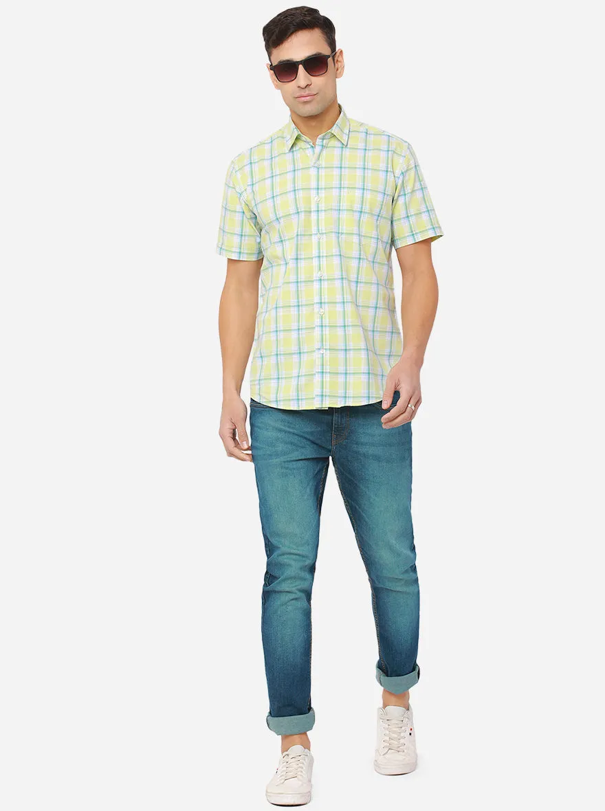 Lemon Yellow & Aquamarine Blue Checked Slim Fit Casual Shirt | JadeBlue