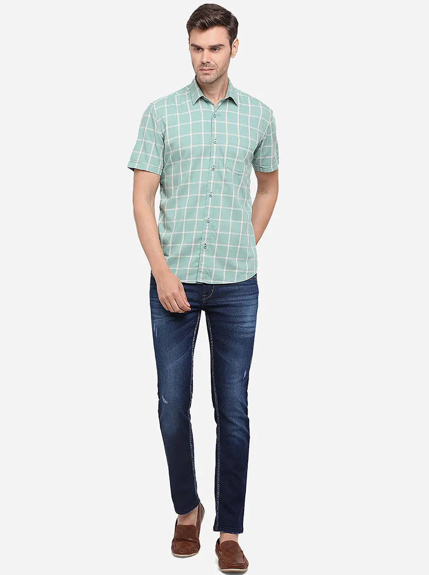 Light Green Checked Slim Fit Semi Casual Shirt | Greenfibre