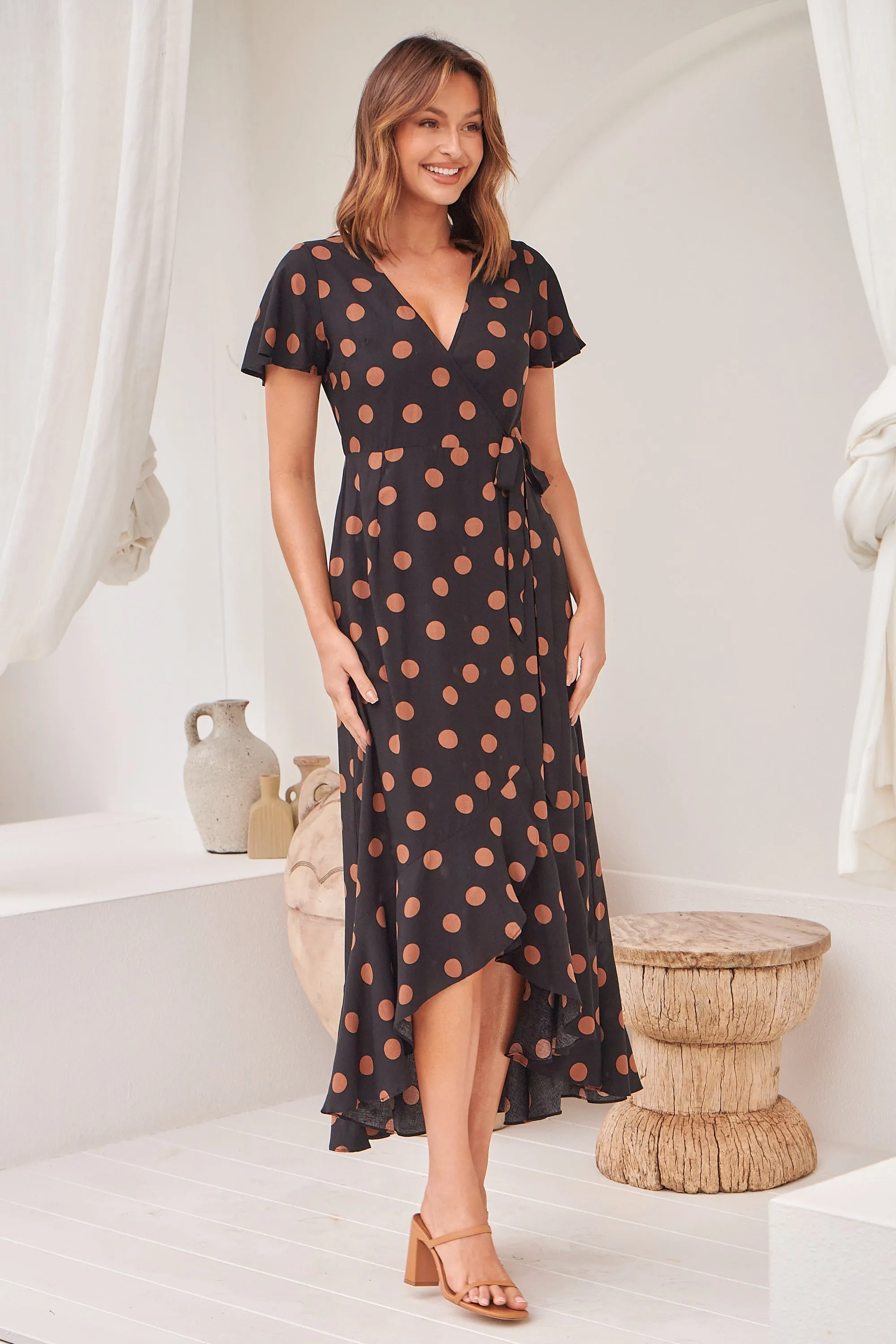 Marigold Polka Dot Black/Brown Wrap Maxi Dress