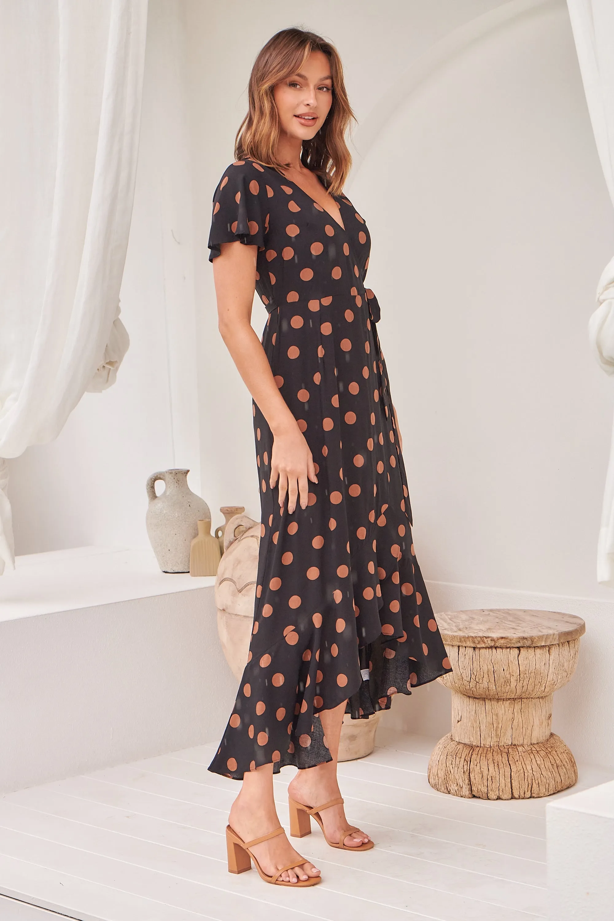 Marigold Polka Dot Black/Brown Wrap Maxi Dress