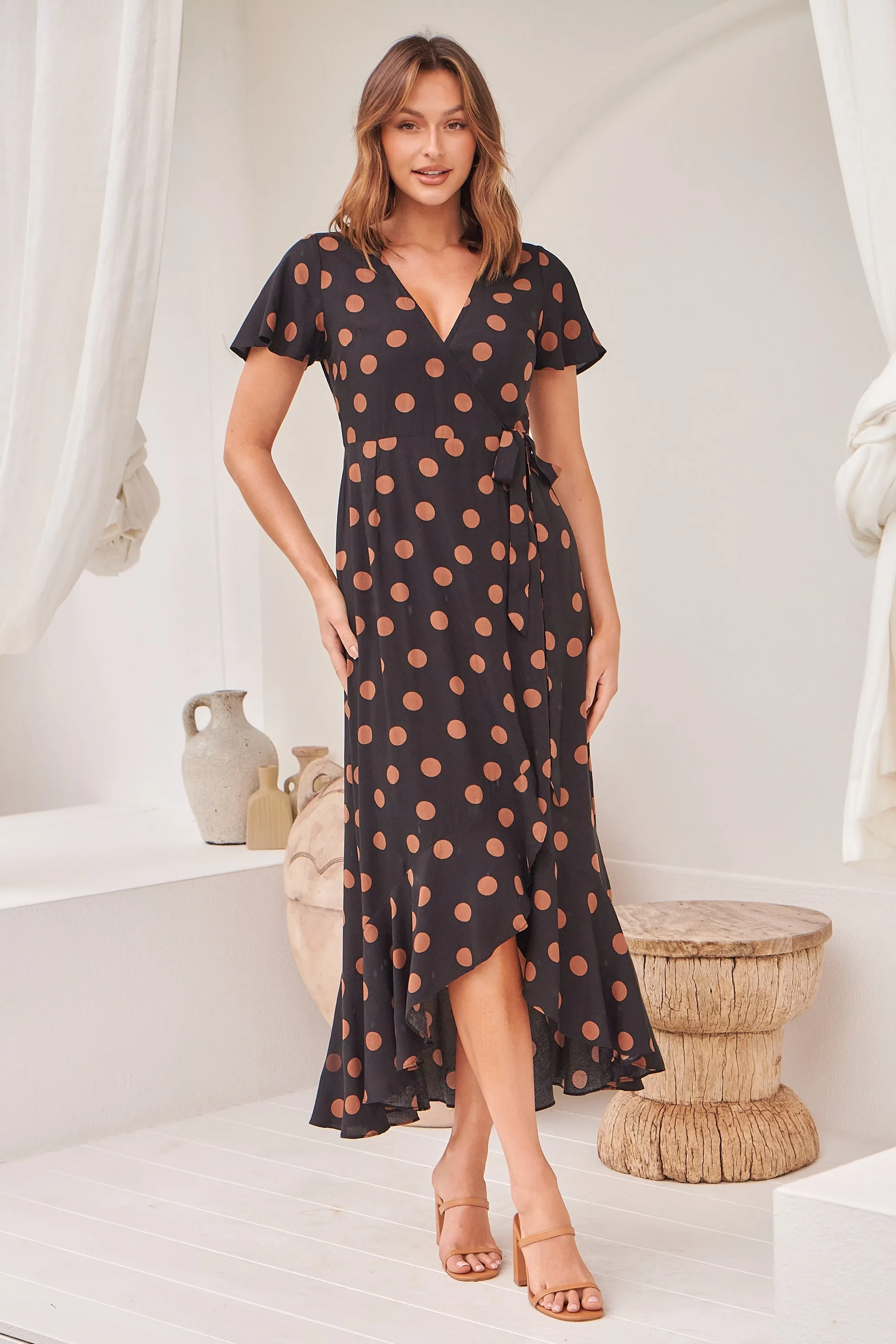 Marigold Polka Dot Black/Brown Wrap Maxi Dress