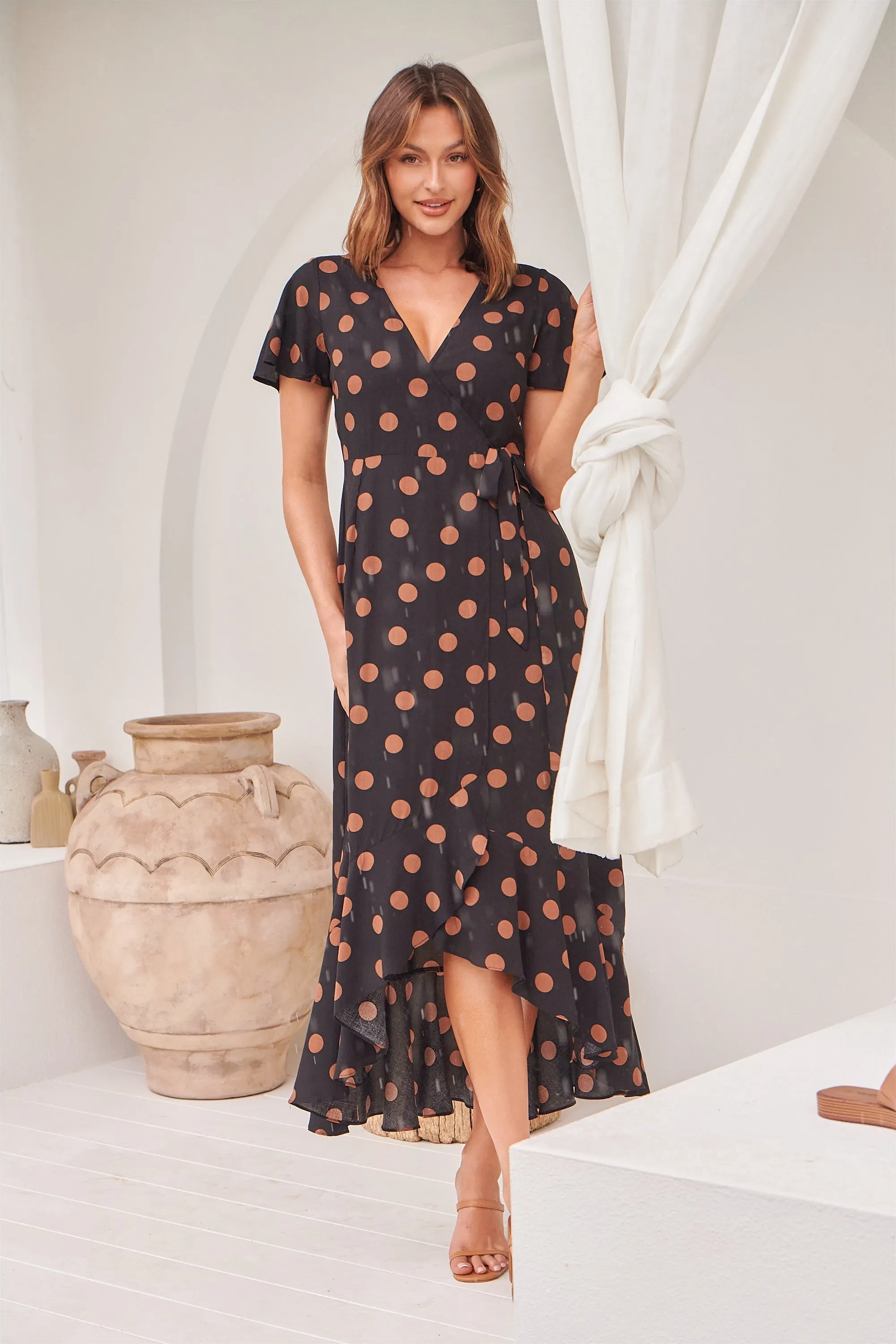 Marigold Polka Dot Black/Brown Wrap Maxi Dress