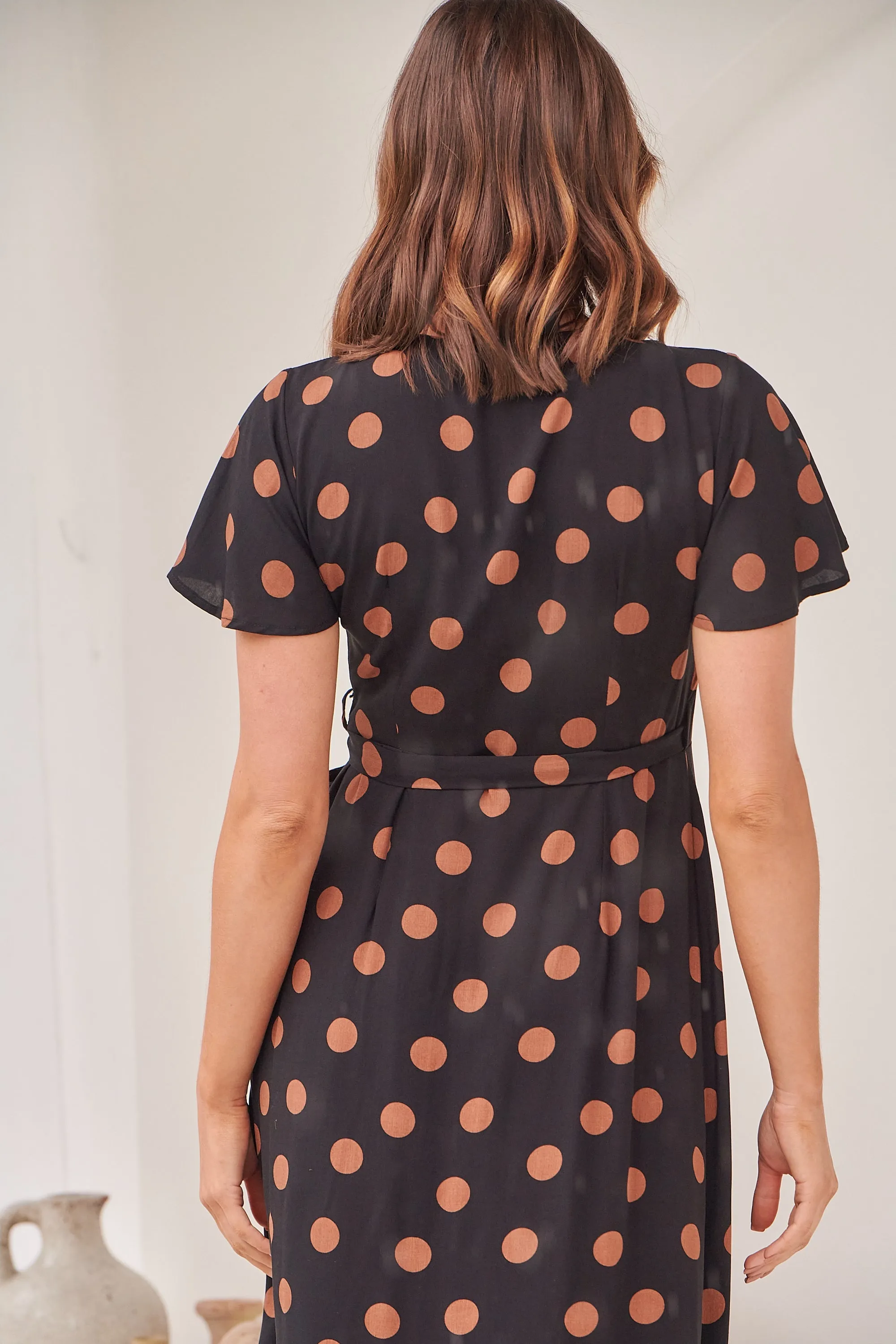 Marigold Polka Dot Black/Brown Wrap Maxi Dress