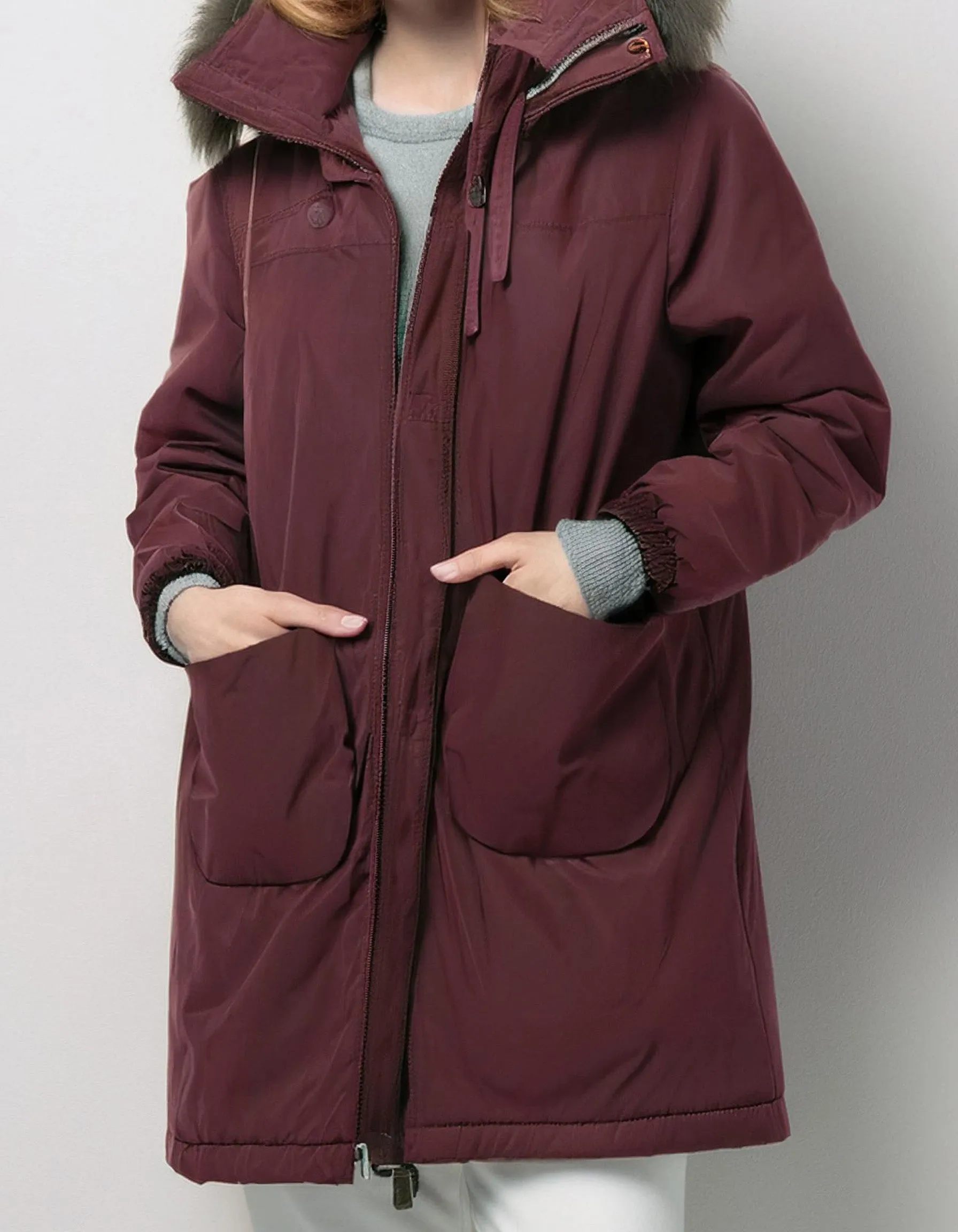 Maroon Insulated Parka with Fur-Lined Hood