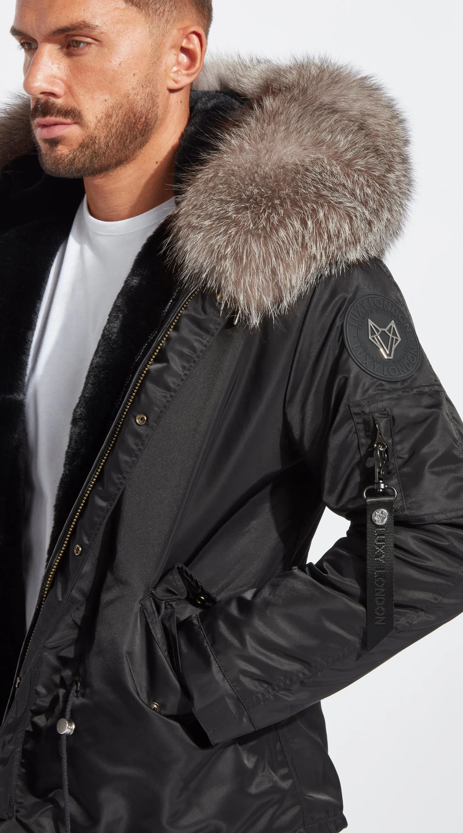 Mens Black Water-Repellent Luxy Fur Parka - Silver Frost Fox