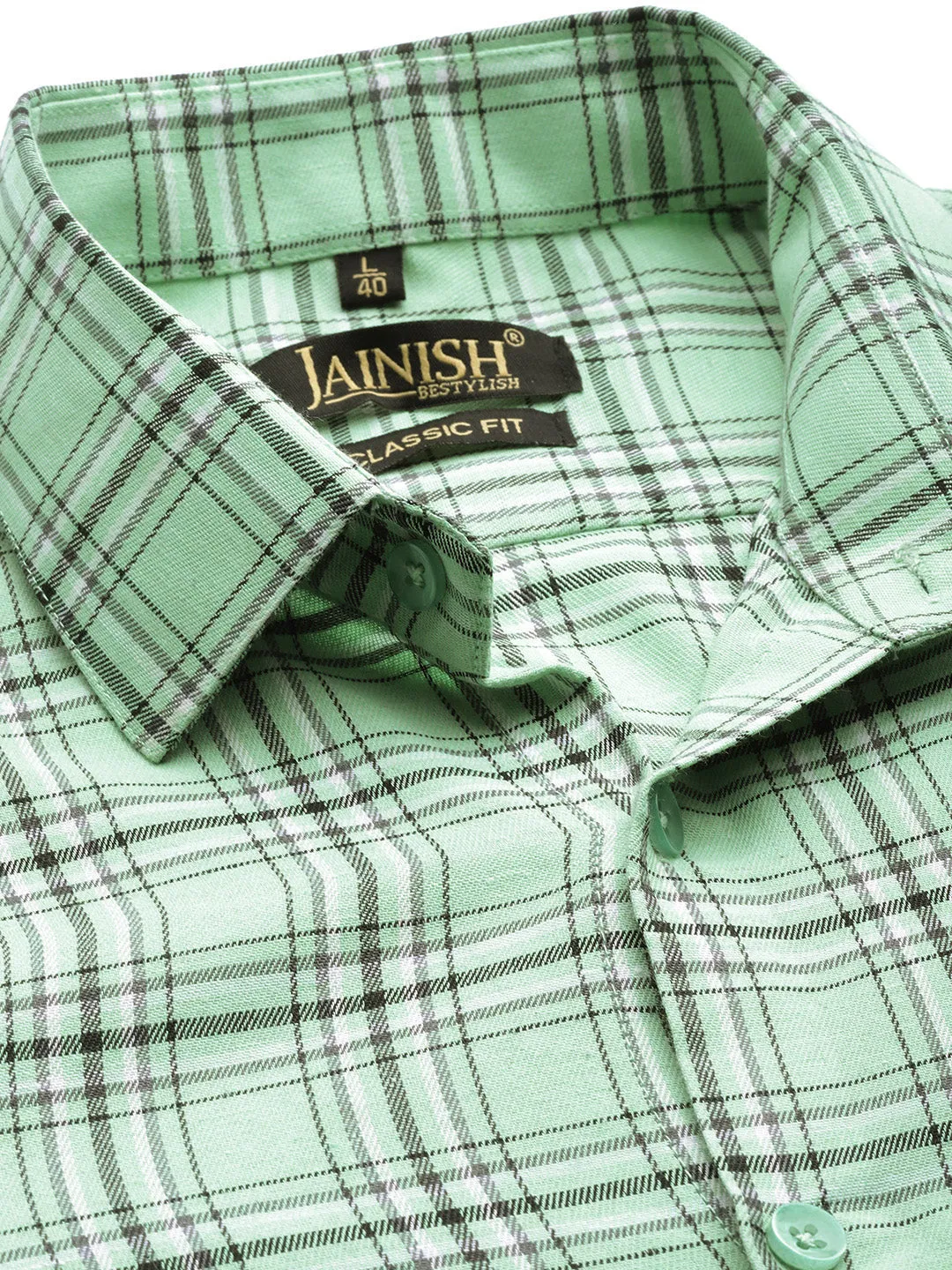 Men's Cotton Checked Formal Shirts ( SF 791Green ) - Jainish