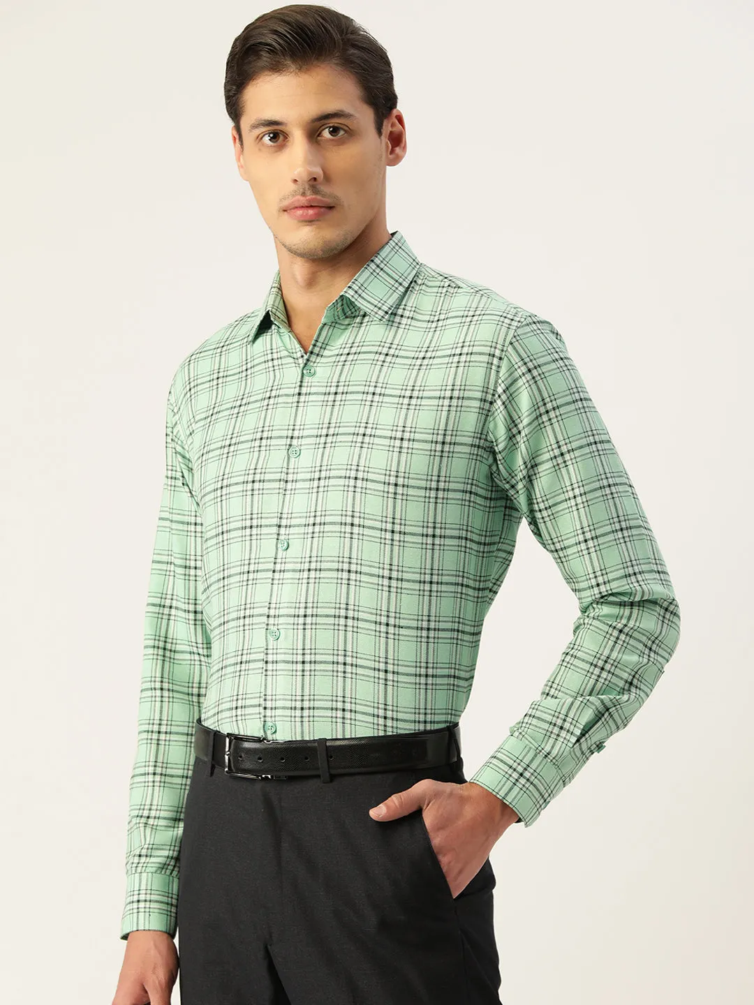 Men's Cotton Checked Formal Shirts ( SF 791Green ) - Jainish