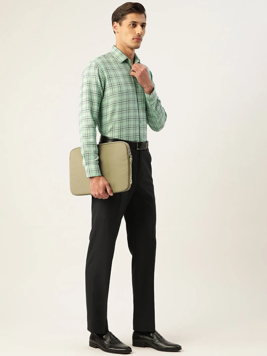 Men's Cotton Checked Formal Shirts ( SF 791Green ) - Jainish