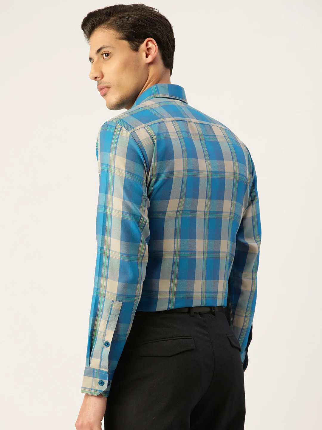 Men's Cotton Checked Formal Shirts ( SF 798Sky ) - Jainish