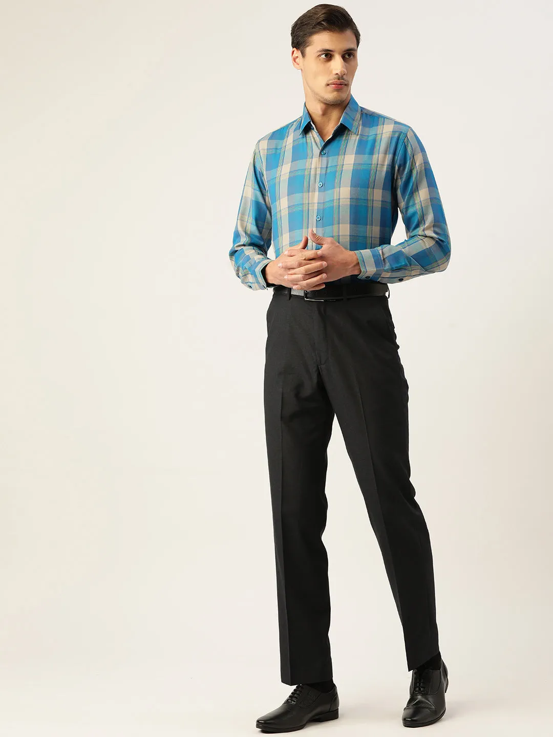 Men's Cotton Checked Formal Shirts ( SF 798Sky ) - Jainish