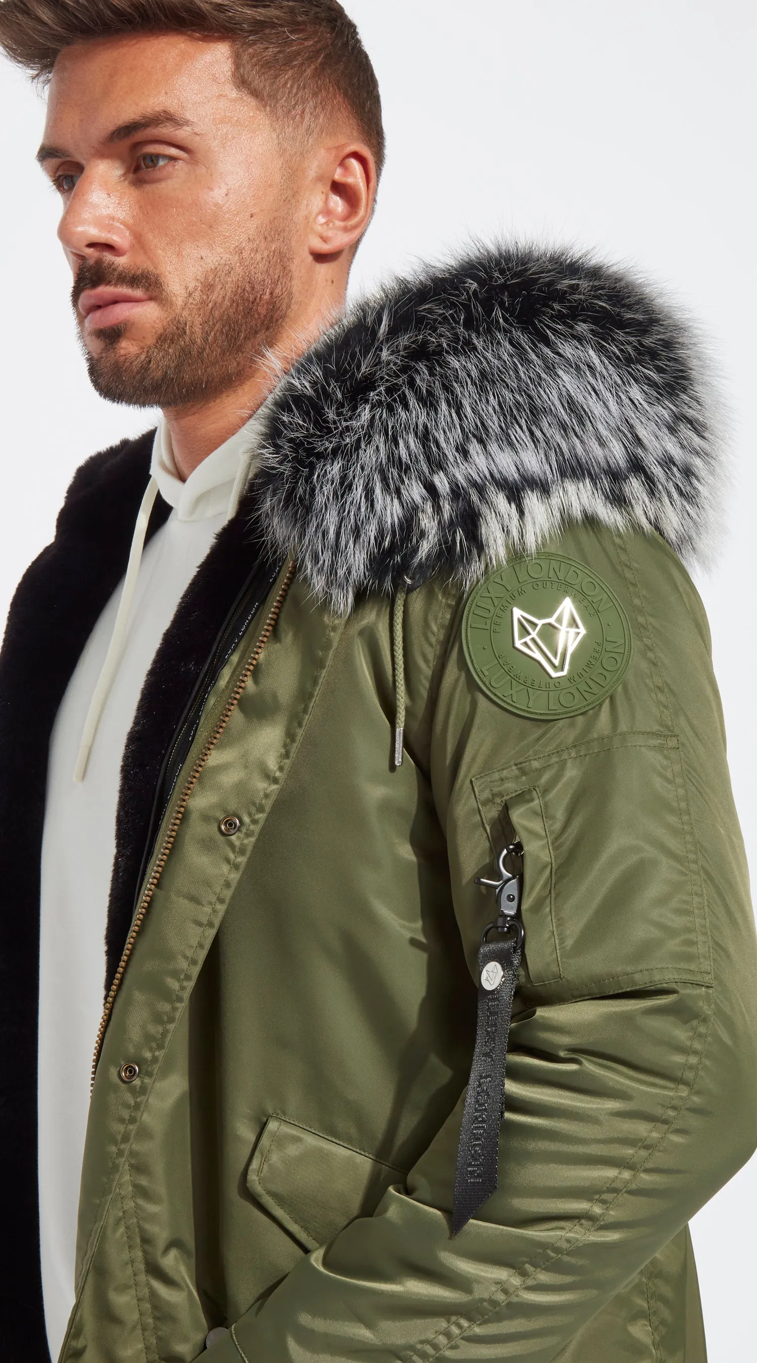 Mens Khaki Water-Repellent Luxy Fur Parka - Black Mist