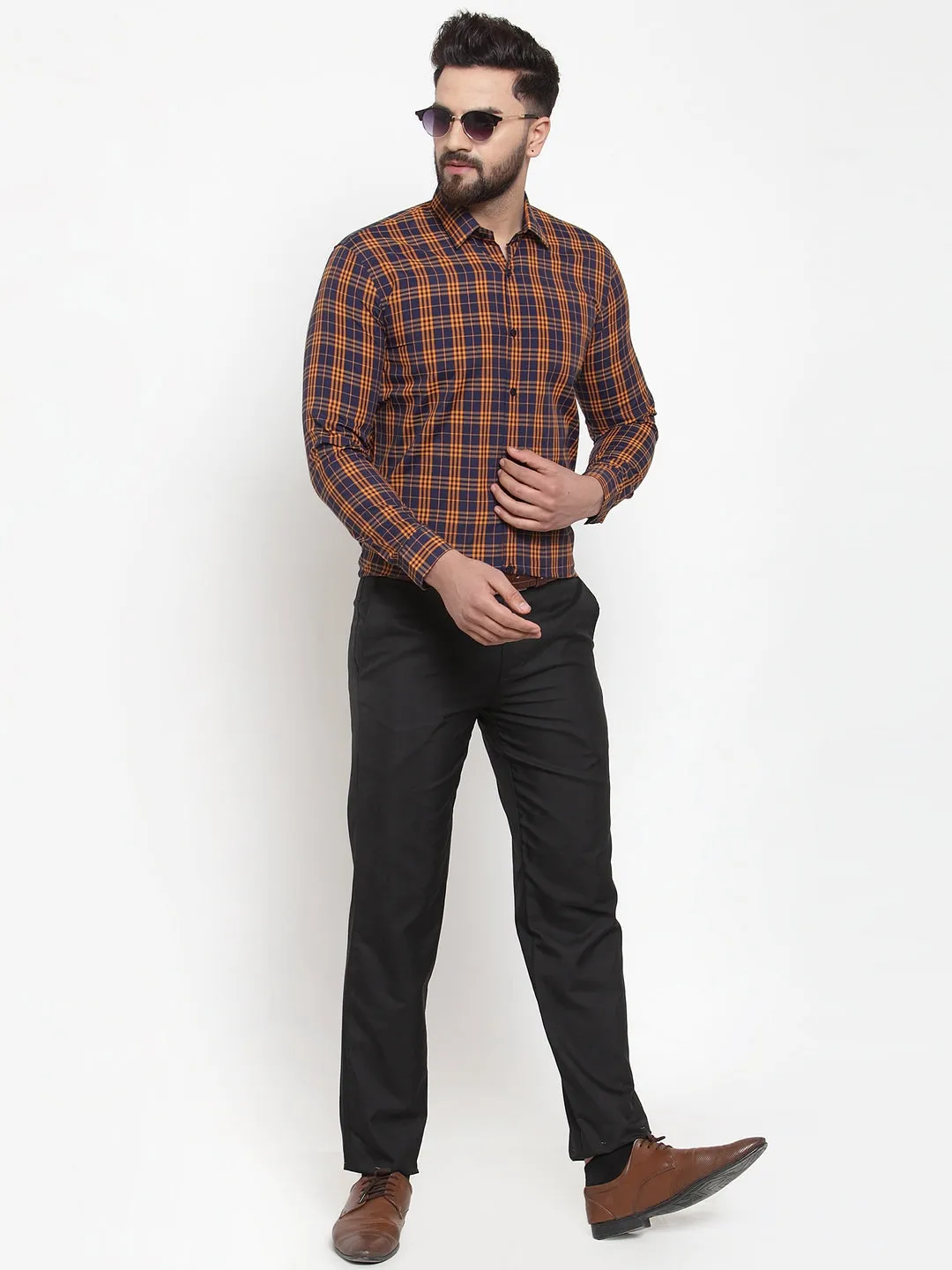 Men's Multi Cotton Checked Formal Shirts ( SF 741Orange-Blue ) - Jainish