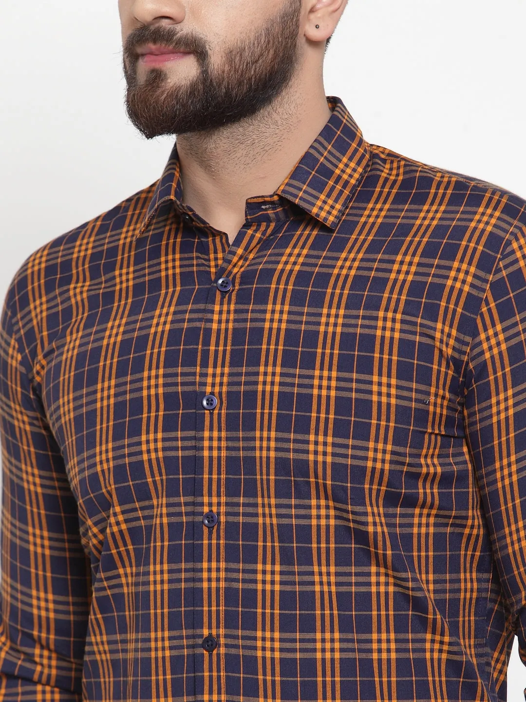 Men's Multi Cotton Checked Formal Shirts ( SF 741Orange-Blue ) - Jainish