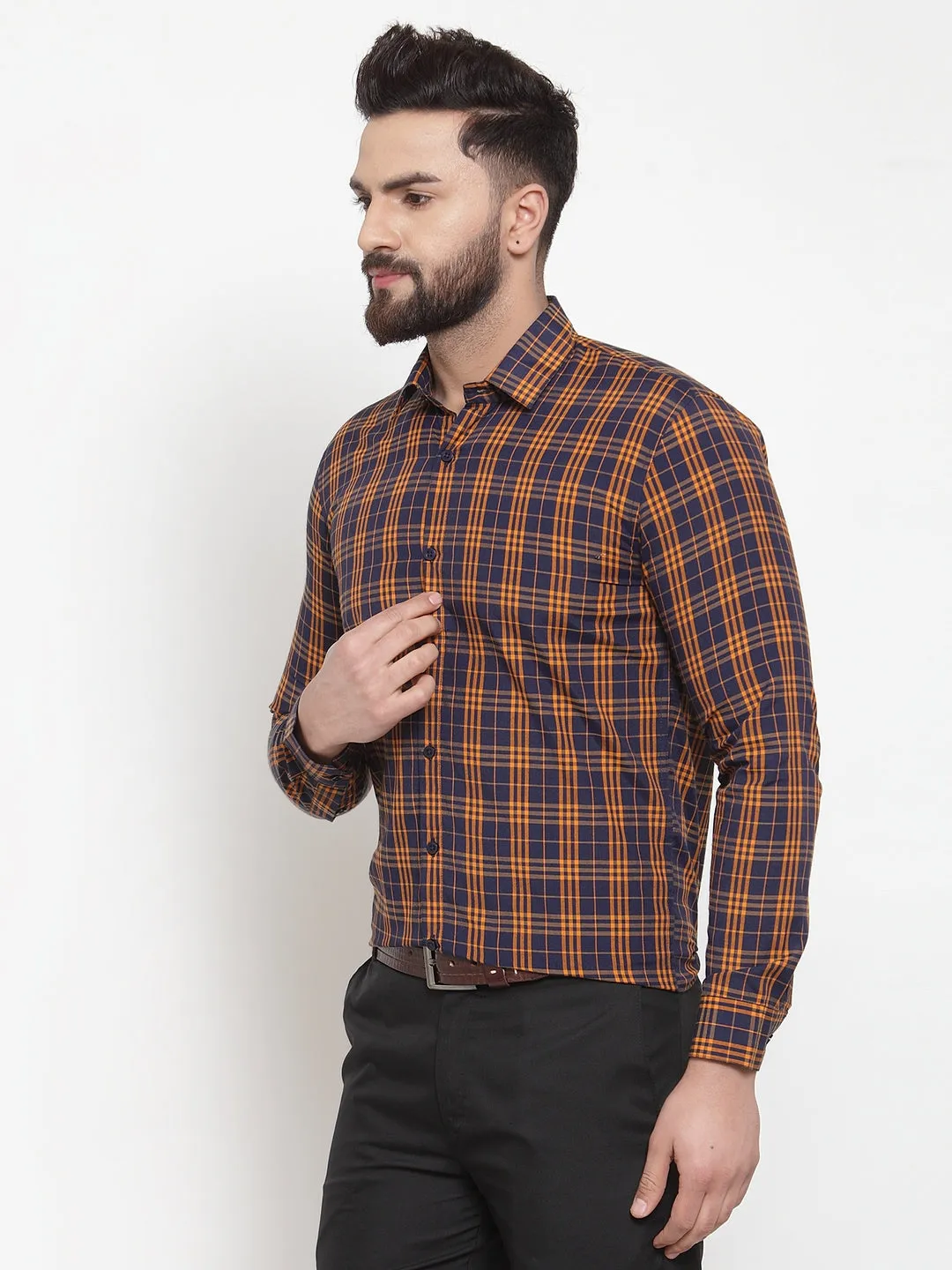 Men's Multi Cotton Checked Formal Shirts ( SF 741Orange-Blue ) - Jainish