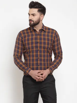 Men's Multi Cotton Checked Formal Shirts ( SF 741Orange-Blue ) - Jainish